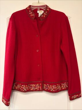 Talbots Women’s Red Embroidered Wool Front Button Grandma core Jacket, L